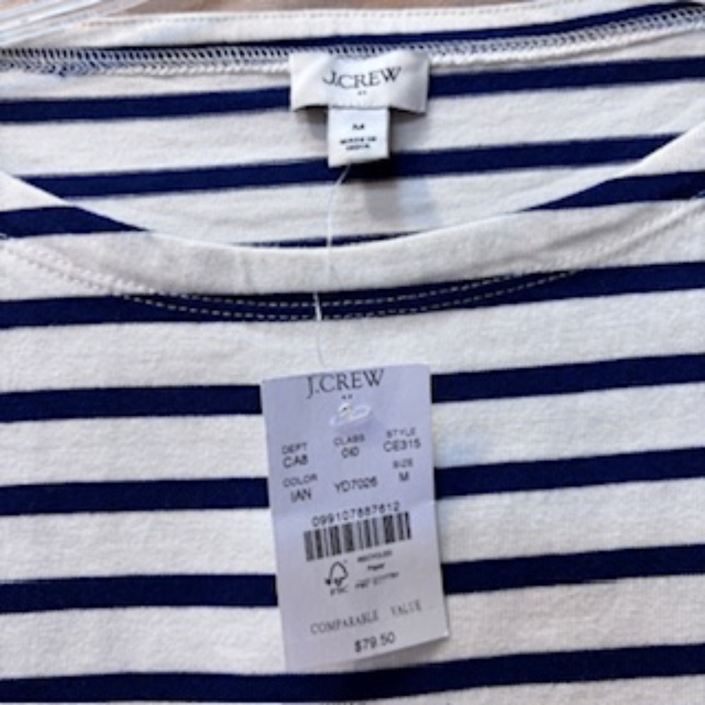 J. Crew Boatneck Striped Nautical Top Navy/White Heart Elbow Patches Size M NWT - Picture 3 of 7
